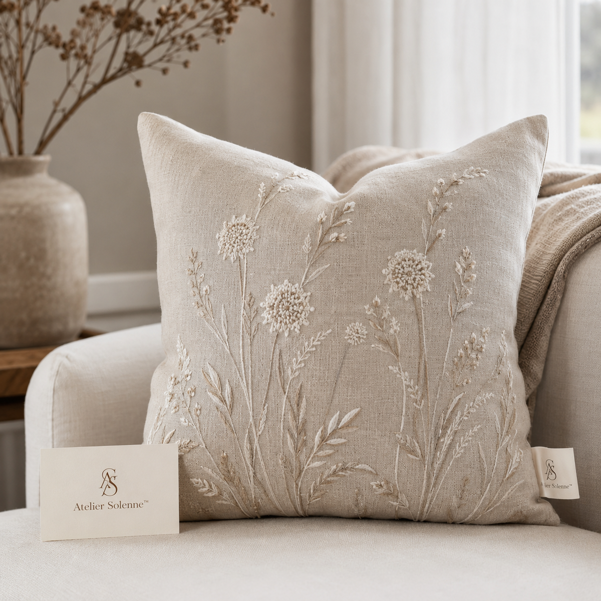 Atelier Solenne™ Botanical Embroidered Linen Pillow