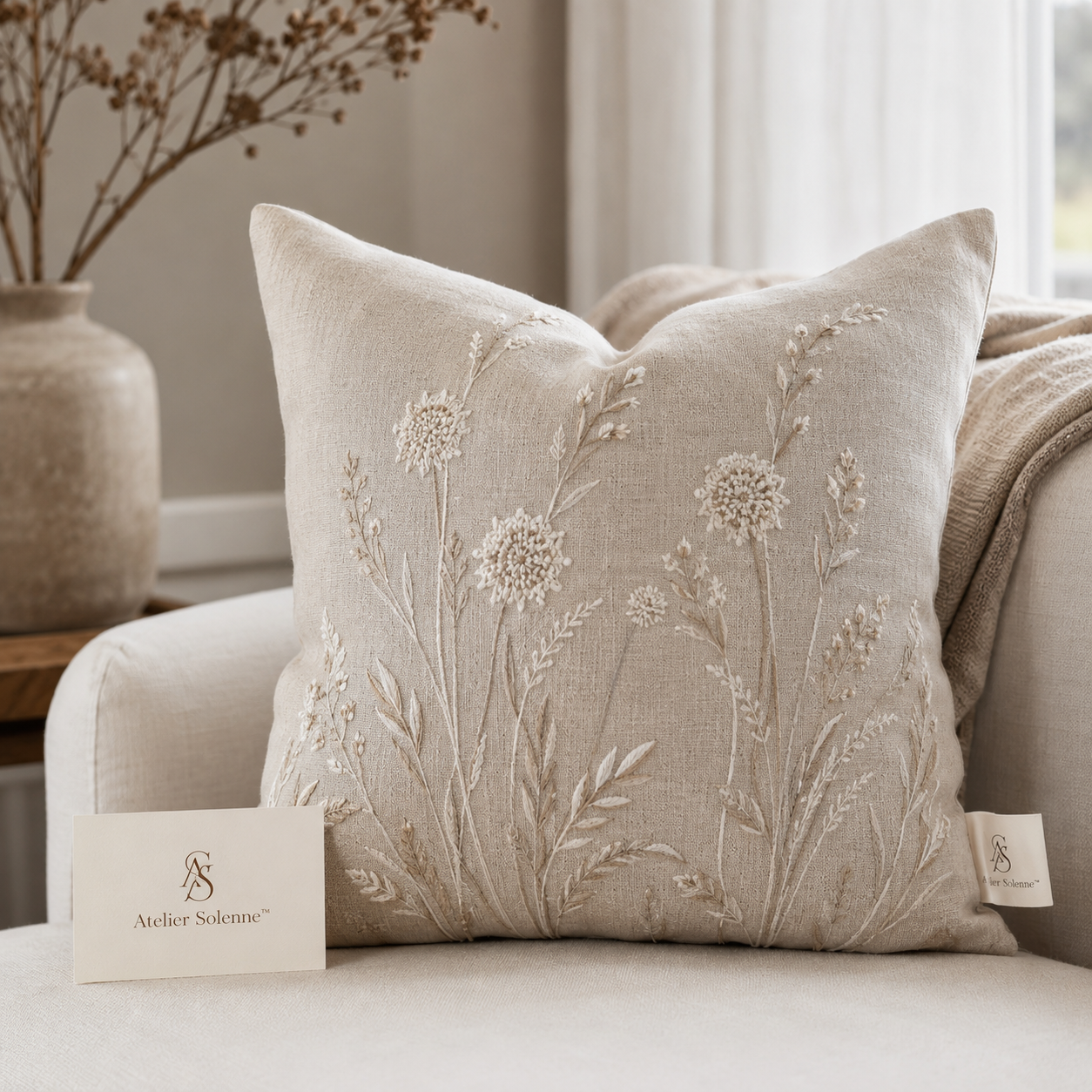 Atelier Solenne Botanical Embroidered Linen Pillow