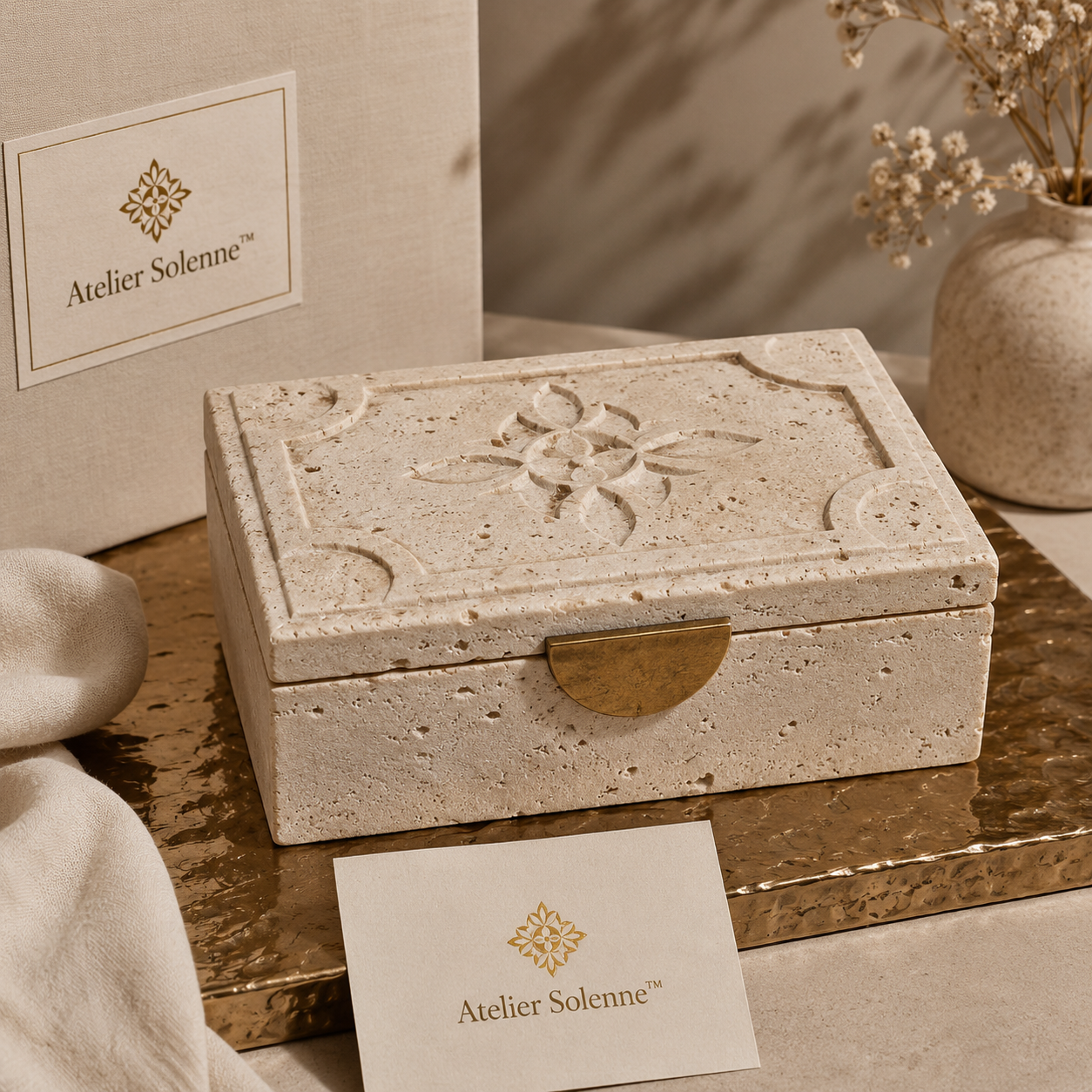Atelier Solenne Carved Travertine Keepsake Box